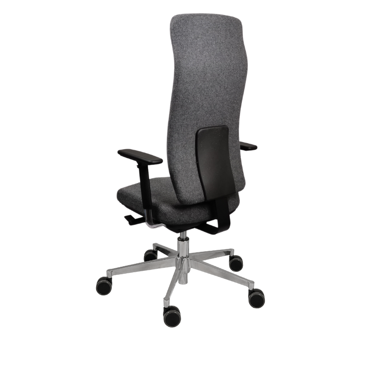 Edition Steiner1888 ergonomischer Bürostuhl mit grauem
Lodenbezug und Armlehnen, Rückansicht