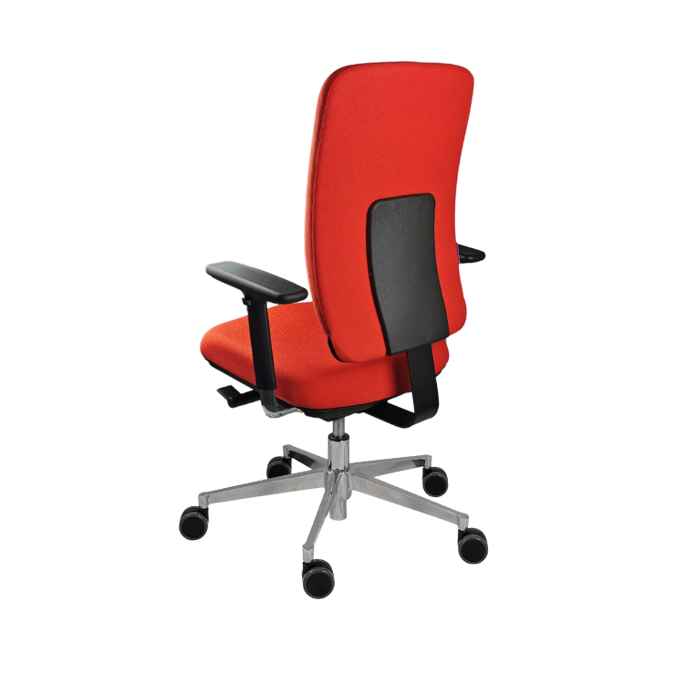 Ergonomischer Bürostuhl new.motion mit Armlehnen und
orangem Bezug, Rückansicht