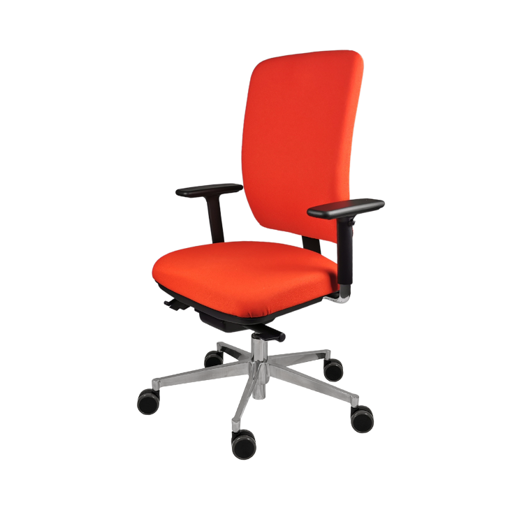 Ergonomischer Bürostuhl new.motion mit Armlehnen und
orangem Bezug, Vorderansicht